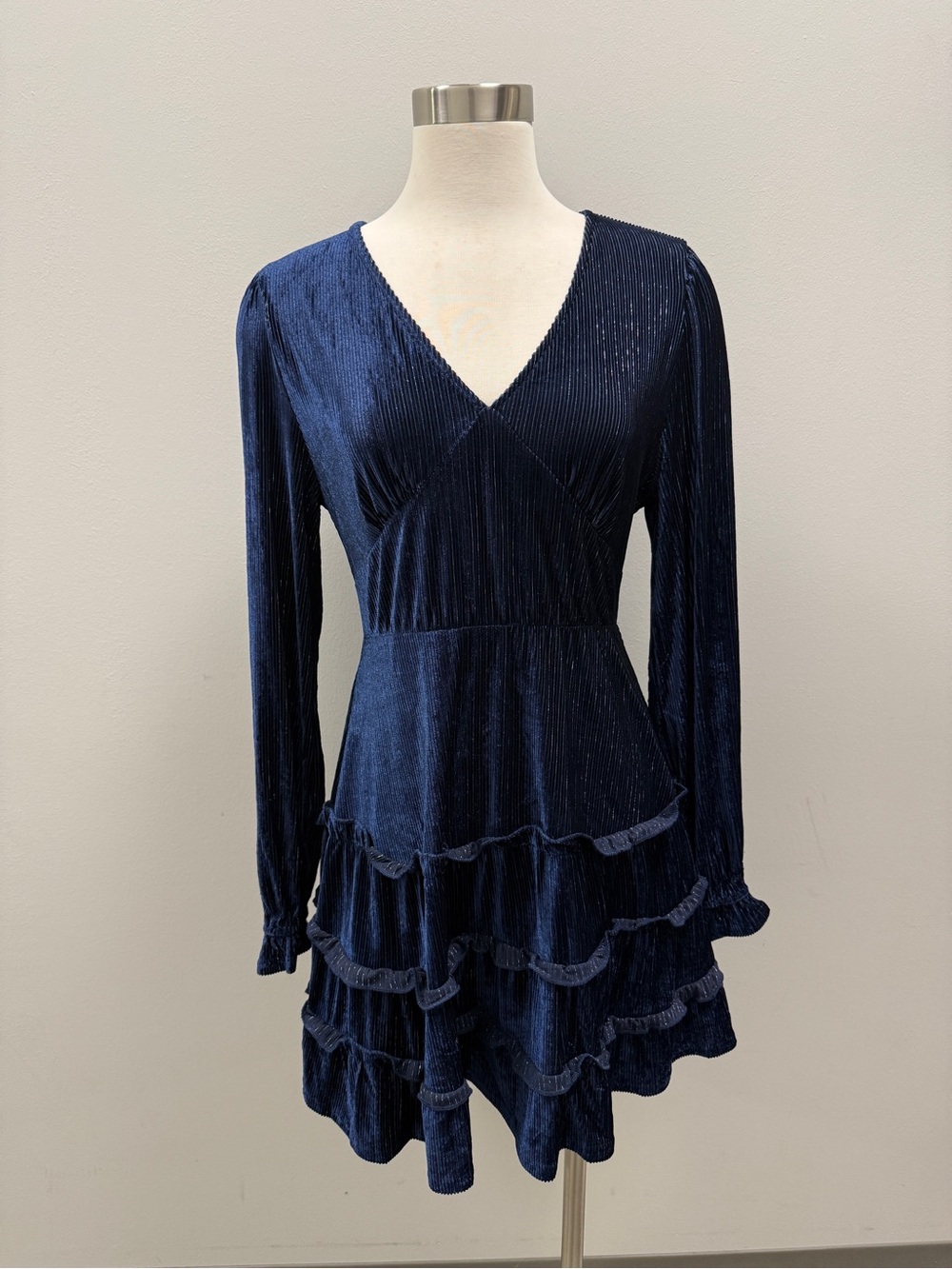 Navy V-Neck Velvet Ruffle Mini Dress with Silver Stitching